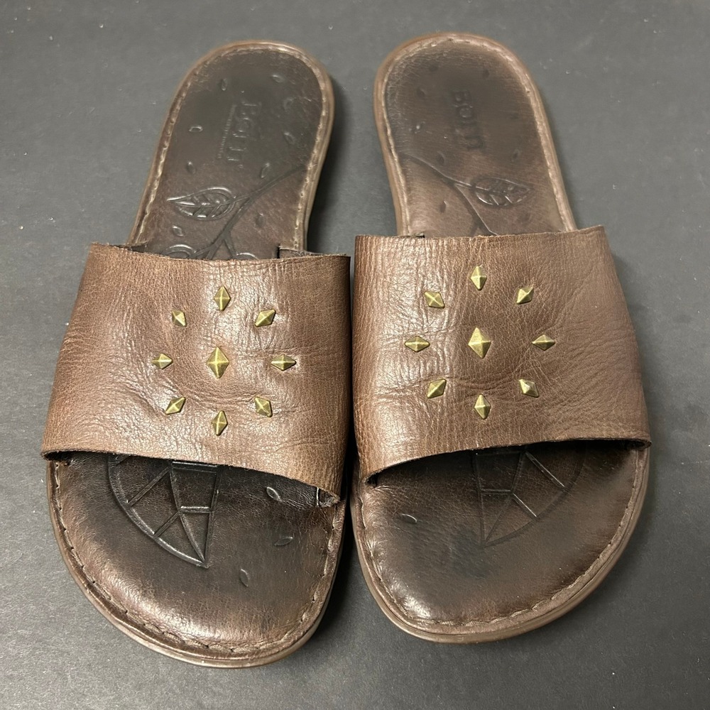 Born Slide Sandals Women 8 Brown Studded Leather Handcrafted Casual Bohemian